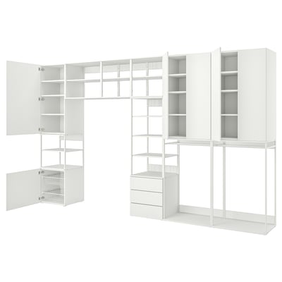White PLATSA modular storage system, featuring open shelves, drawers, and hanging units for versatile organization.