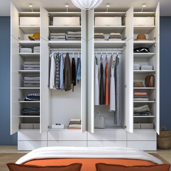 PLATSA closet with organized clothes, accessories, and pizza towel.