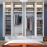PLATSA closet with organized clothes, accessories, and pizza towel.