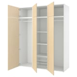 An open ikea PLATSA wardrobe in white and light wood, featuring doors, shelves, and hangers.