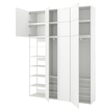 A white PLATSA storage unit with open cabinets and shelves, made of particleboard and steel, designed for organized storage.