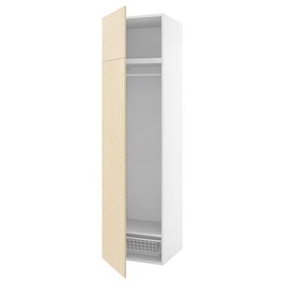 White PLATSA storage cabinet with light wood door and wire basket.