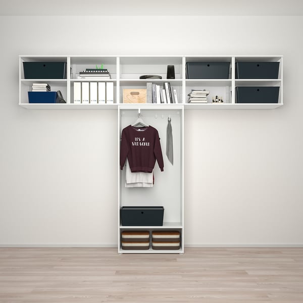 Modern PLATSA storage shelves, adjustable, space-saving with clothes, boxes & folders.