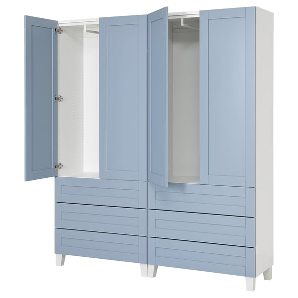 Light blue PLATSA wardrobe with drawers and open doors, modern minimalist design.