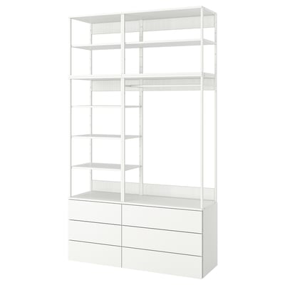 White PLATSA storage unit with open shelves and drawers, sleek minimalist design.