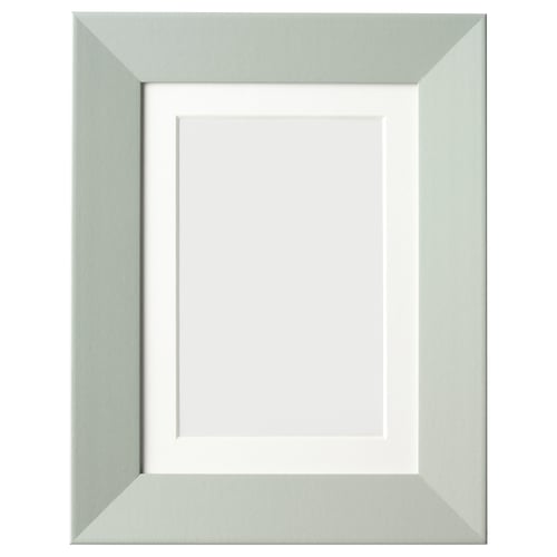 Greenish-silver photo frame, simple design, rectangular shape.