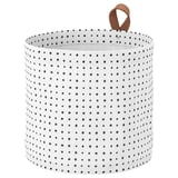 PLUMSA- white basket with black dots, round with leather handle, fabric with pe coating.