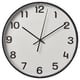 Modern alarm clock, round white face with black numbers and hands, silent quartz movement, minimalist sleek design.