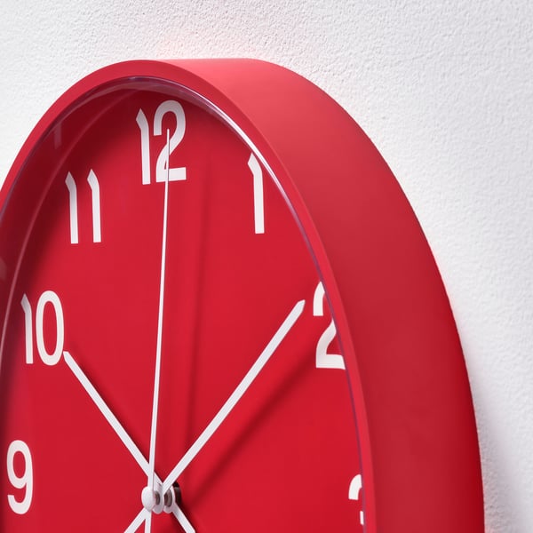 Silent red clock with white numbers.