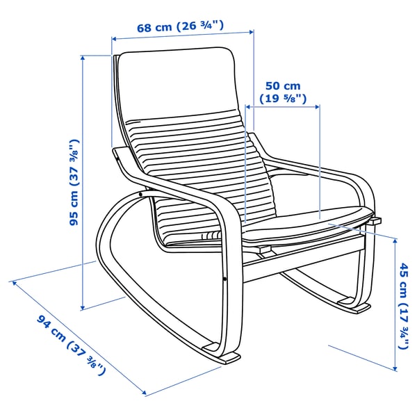 Illustration with measurements for the product: POÄNG.