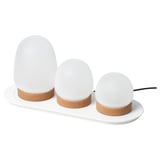 PRAKTSPIREA white lamp set, modern, 3 round glass shades on cork bases, charging tray, cordless use.
