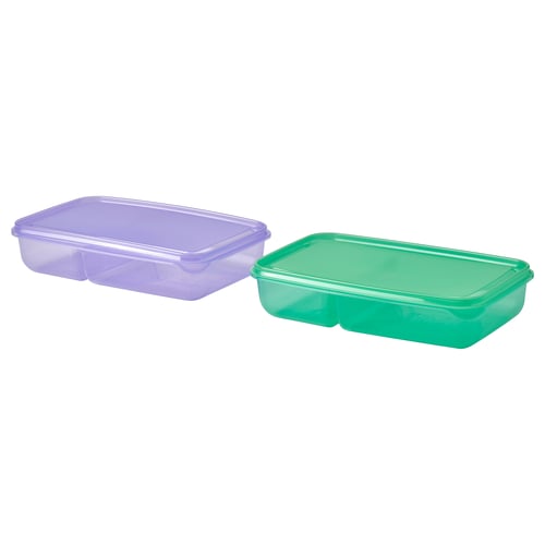 Colourful plastic food containers: purple & green, 1 large, 1 small.