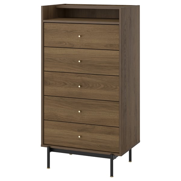 Brown wooden chest with 5 drawers and metal legs. Modern mid-century style for bedroom.