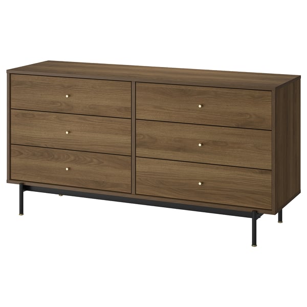 RÅDMANSÖ chest of drawers: six wide walnut drawers, sleek mid-century design, brass-like knobs, black metal legs.