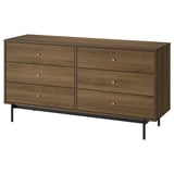RÅDMANSÖ chest of drawers: six wide walnut drawers, sleek mid-century design, brass-like knobs, black metal legs.