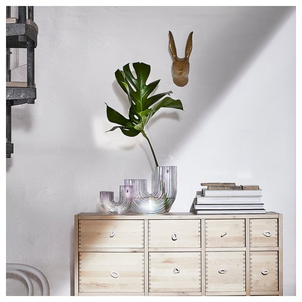 Wood dresser with rainbow vase plant, deer head above.
