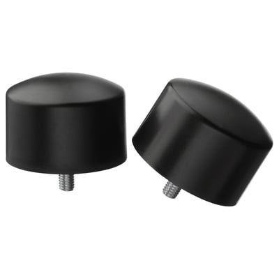 Black plastic curtain rod finials, round, smooth, two pieces, metallic screws.