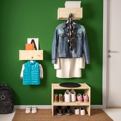 Solid wood coat rack with shelf, natural finish, rectangular shape, minimalist design, perfect for hallways.