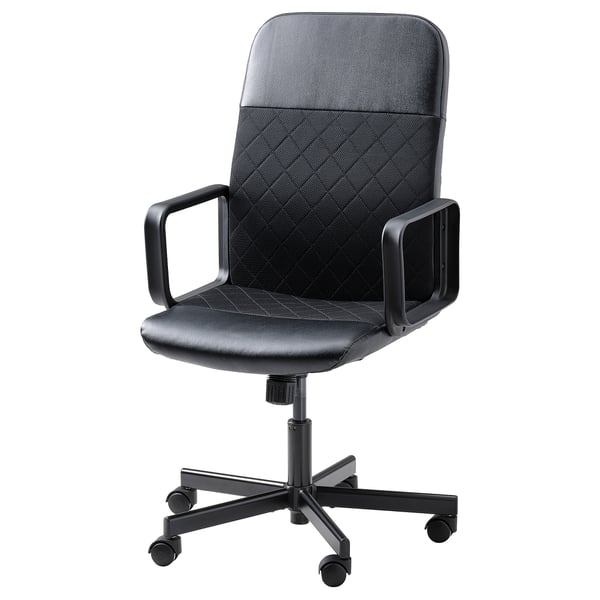 Black office chair with armrests, mesh back, adjustable height, and casters.