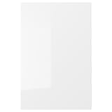 A sleek, white, high-gloss RINGHULT kitchen cabinet door with square edges and modern design.