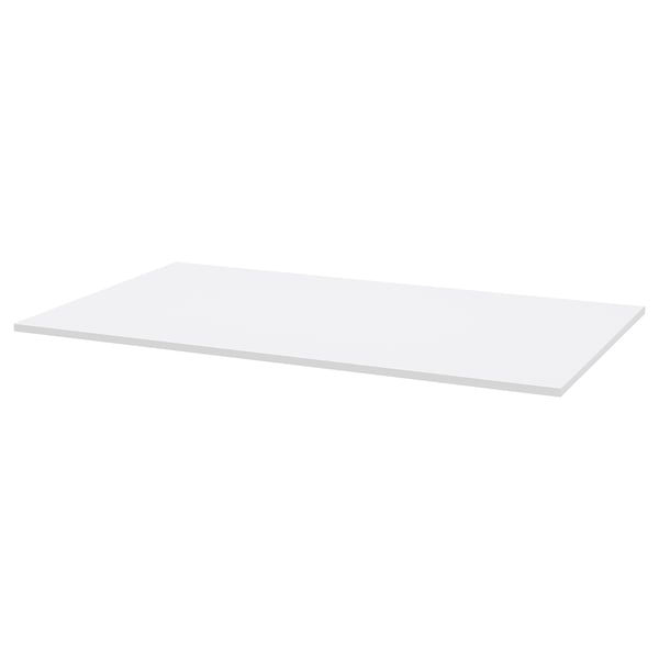 A white, rectangular RODULF table top. Its plain with no ornaments, made from acrylic paint and particle board.