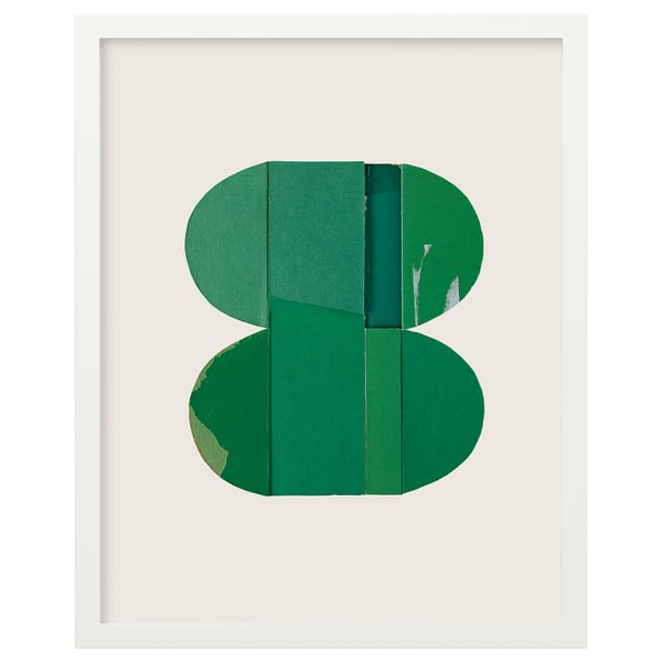 A RÖDALM frame with green abstract art, featuring varying shades and shapes, and front plastic protection.