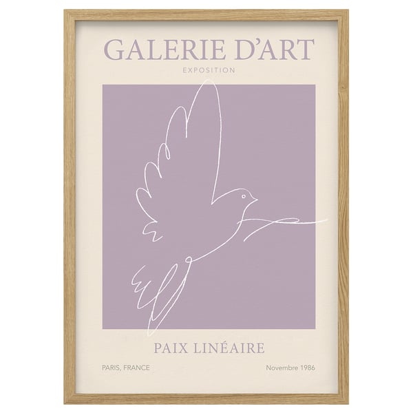 Framed poster titled paix linéaire by galerie dart, paris, in natural wood frame.