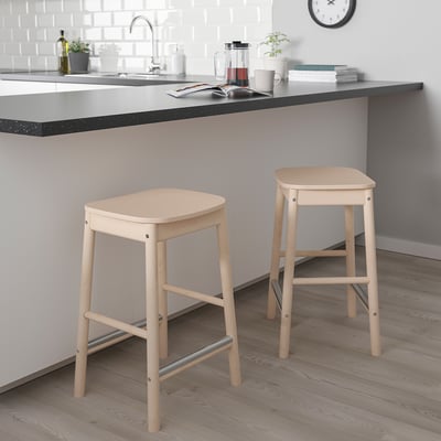 Two light wooden RÖNNINGE stools under grey kitchen counter.