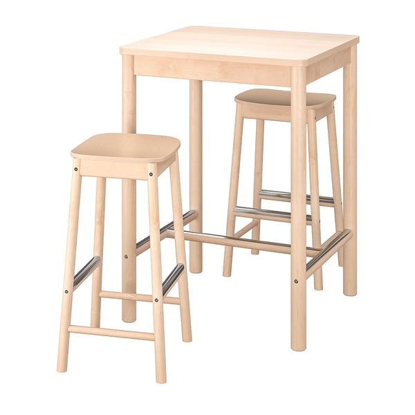 Light wood bar set with square table and two stools, sleek and modern design.