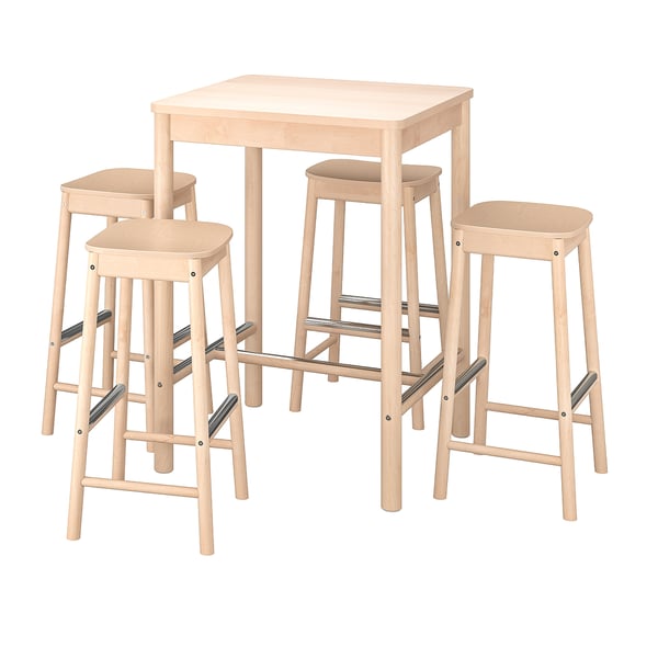 A RÖNNINGE set with a light-colored, square wooden bar table and four matching stools.