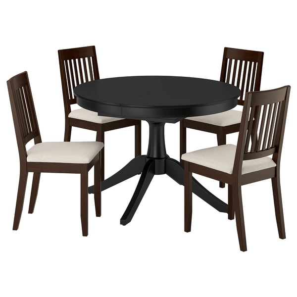 Extendable rosenthal table with 4 beige chairs, slatted backs, & cushioned seats. Ideal for small spaces & extra seating.