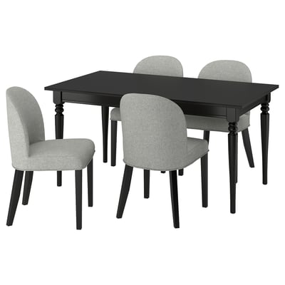 This image shows a black ROSENTORP dining set, featuring a rectangular table and four grey fabric chairs.