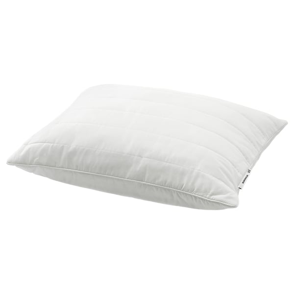 A white RUMSMALVA ergonomic pillow, designed with shredded memory foam for comfort. It has a quilted cover and is ideal for back and side sleepers.