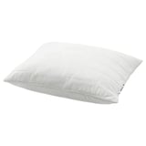 A white RUMSMALVA ergonomic pillow, designed with shredded memory foam for comfort. It has a quilted cover and is ideal for back and side sleepers.