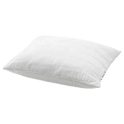 A white RUMSMALVA ergonomic pillow, designed with shredded memory foam for comfort. It has a quilted cover and is ideal for back and side sleepers.