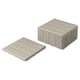 Stacked RUNNEN beige square floor decking tiles made of recycled plastic, designed for terraces or balconies.