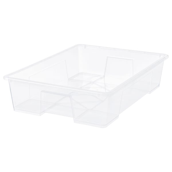 A clear plastic storage container named SAMLA. It has a transparent design, rectangular shape, and a mid-sized capacity for storing various items.