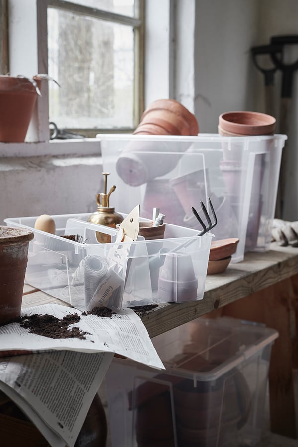 Plastic SAMLA boxes with gardening tools on shelf near window.