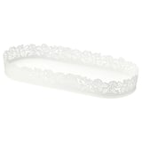 Is of a white SAMVERKA rectangular candle dish with a leafy design, made of polyester powder coated steel.