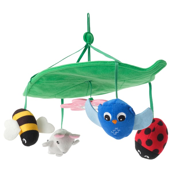 Baby mobile: blue owl, ladybug, bee, mouse on green leafy canopy