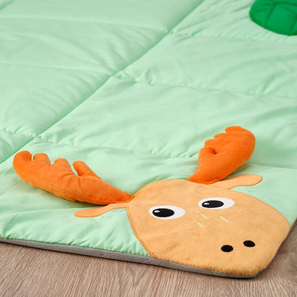 A plush mat featuring a cartoon moose, designed for babies to play on, showing vibrant colors and soft textures.