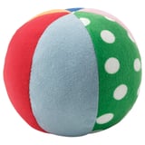 Multicolored spherical plush toy with red, blue, and green sections. Soft, textured surface with white dots on green. Suitable for babies.