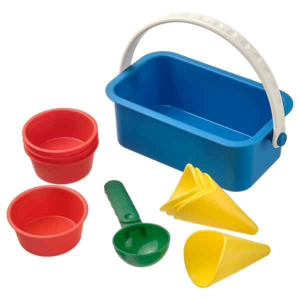 Bright blue plastic sand bucket set with red cups, green scoop, and yellow cones. Perfect for beach or sandbox play.
