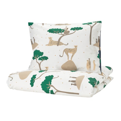 Safari-themed kids bedding set with cheetahs in nature scene, in white, green, and tan colours. Duvet cover and pillowcase with zip closure.