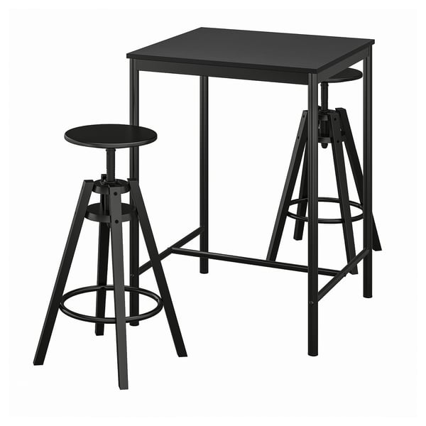 Black metal bar table and two stools. Modern, square top, adjustable height.