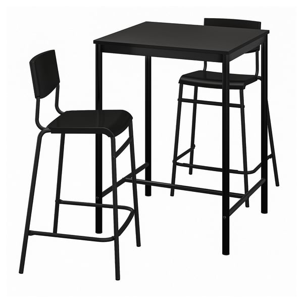 Black sandberg bar set with square table and two stools, metal legs, plastic seats, modern minimalist design.