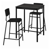 Black sandberg bar set with square table and two stools, metal legs, plastic seats, modern minimalist design.