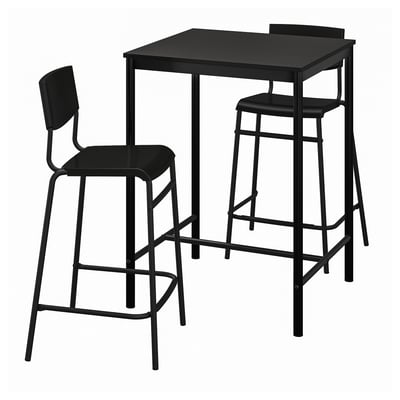 Black sandberg bar set with square table and two stools, metal legs, plastic seats, modern minimalist design.