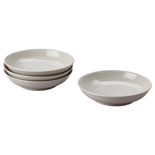 Four light lavender ceramic bowls with a smooth, simple, round shape and rustic design, stacked and arranged neatly against a white background.