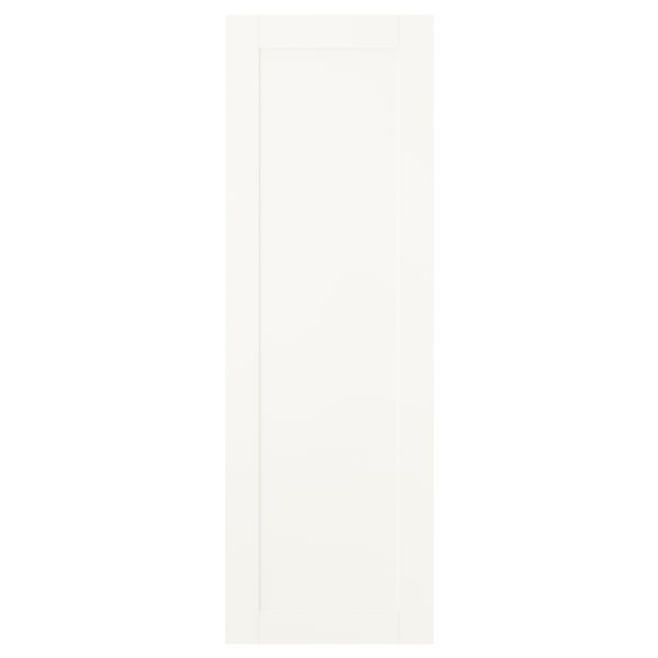 A white SANNIDAL cabinet door. Its rectangular, simple, and versatile. Made of particleboard and fibreboard, it can hang either way.